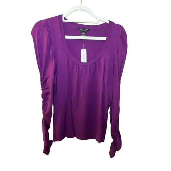 August Silk Blouse Top Womens M Purple Rushed Sleeves Square Neck Ruffle Pleated - Picture 1 of 5